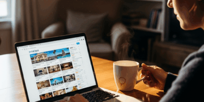 person sitting at a laptop browsing hotel deals on priceline 20260331 081921