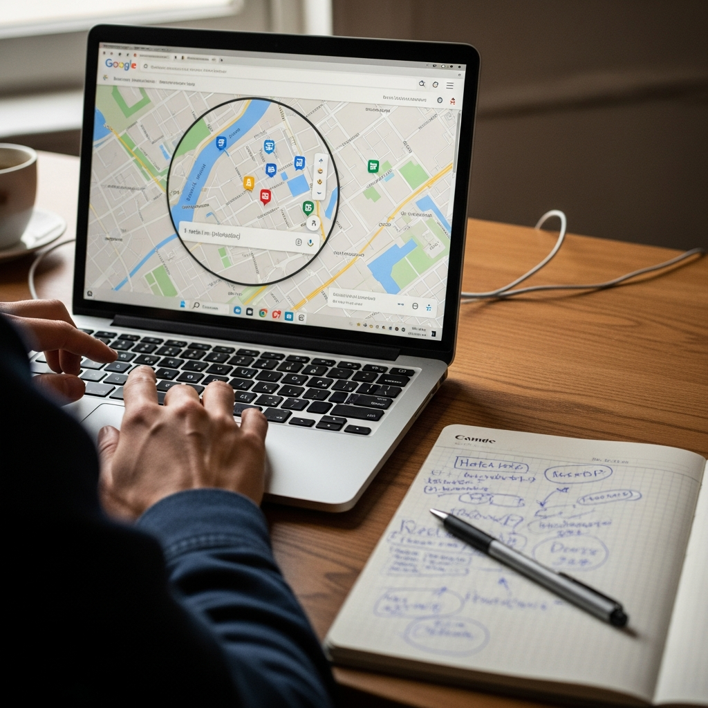 Person cross-referencing hotel amenities on Google Maps to decode a Priceline Express Deal