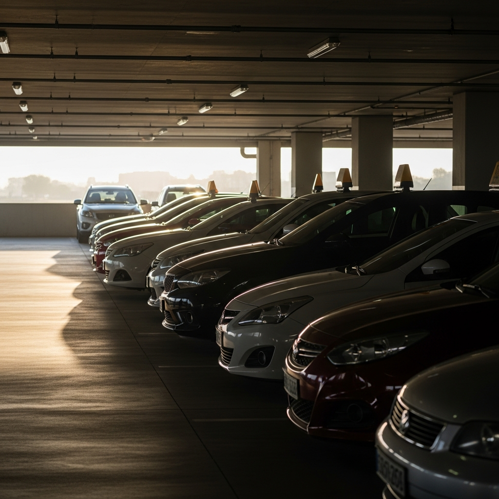 Row of rental cars in an airport parking garage showing different vehicle class options