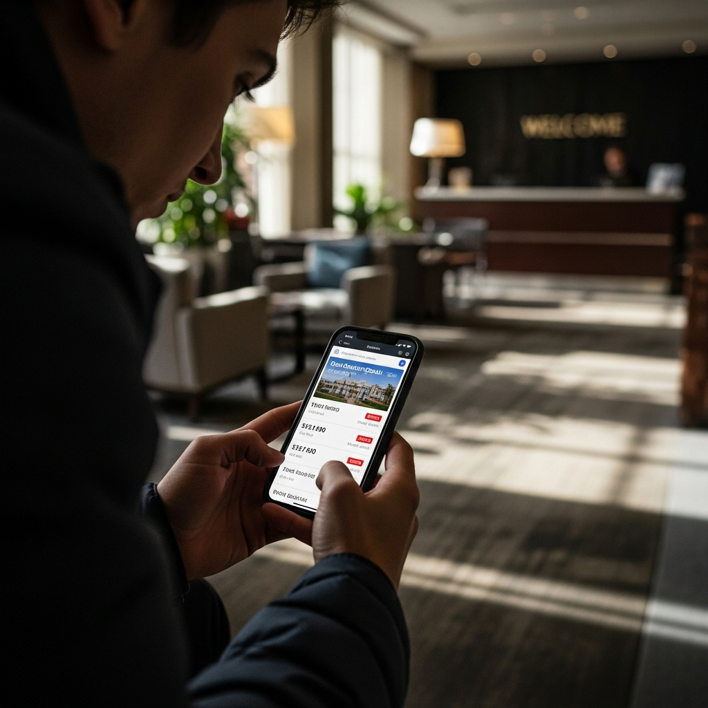 Traveler comparing hotel discount deals on a smartphone while planning a trip